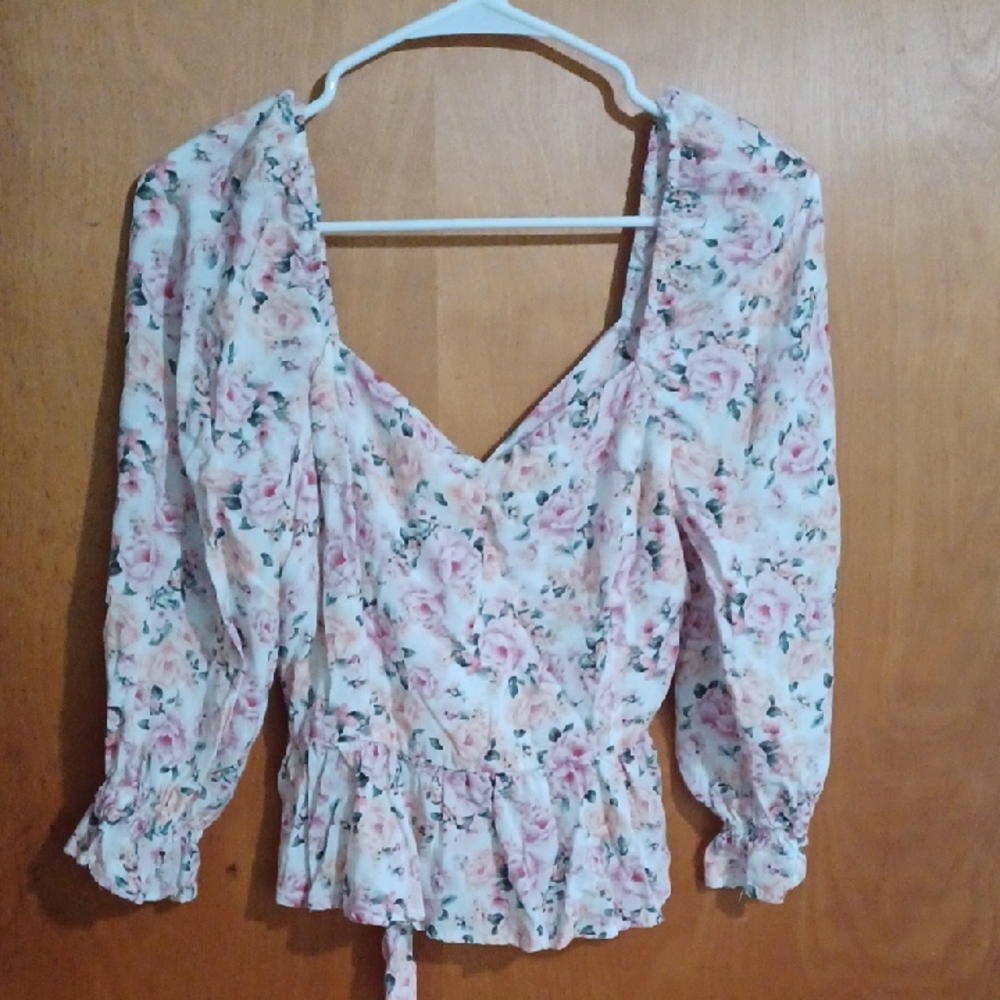 Pink and Purple Puff Sleeve Peplum Blouse